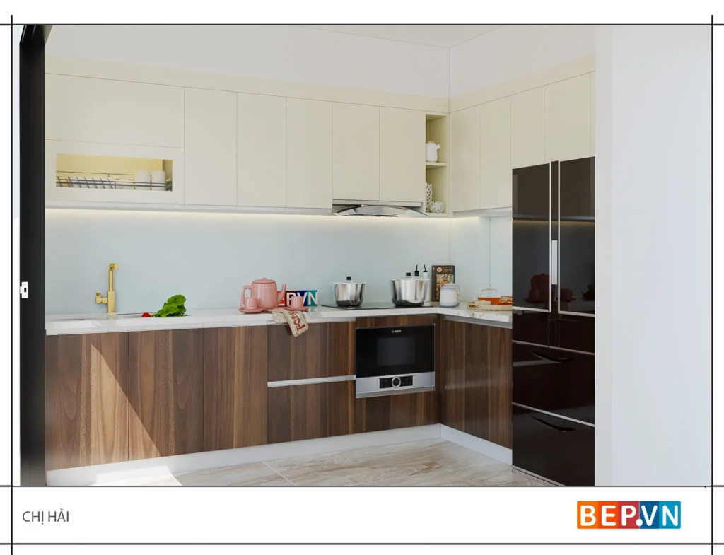 Tủ bếp được thiết kế theo phong cách đơn giản, hiện đại nhà chị Hải