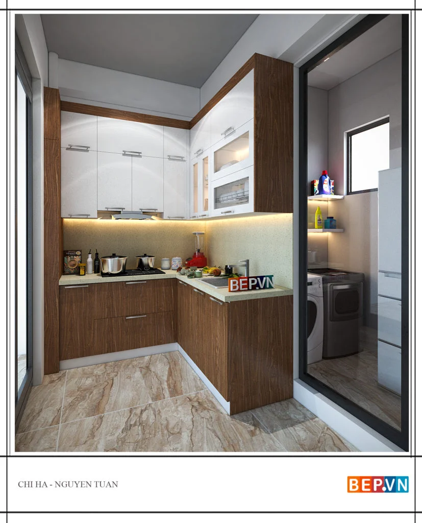 thiết kế tủ bếp nhỏ đẹp kiểu chữ L gia đình chị Hà