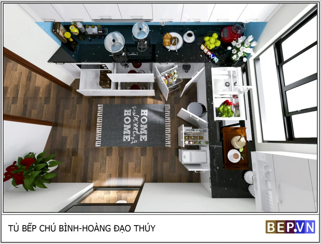 Tủ bếp đón ánh sáng tự nhiên từ cửa sổ lớn