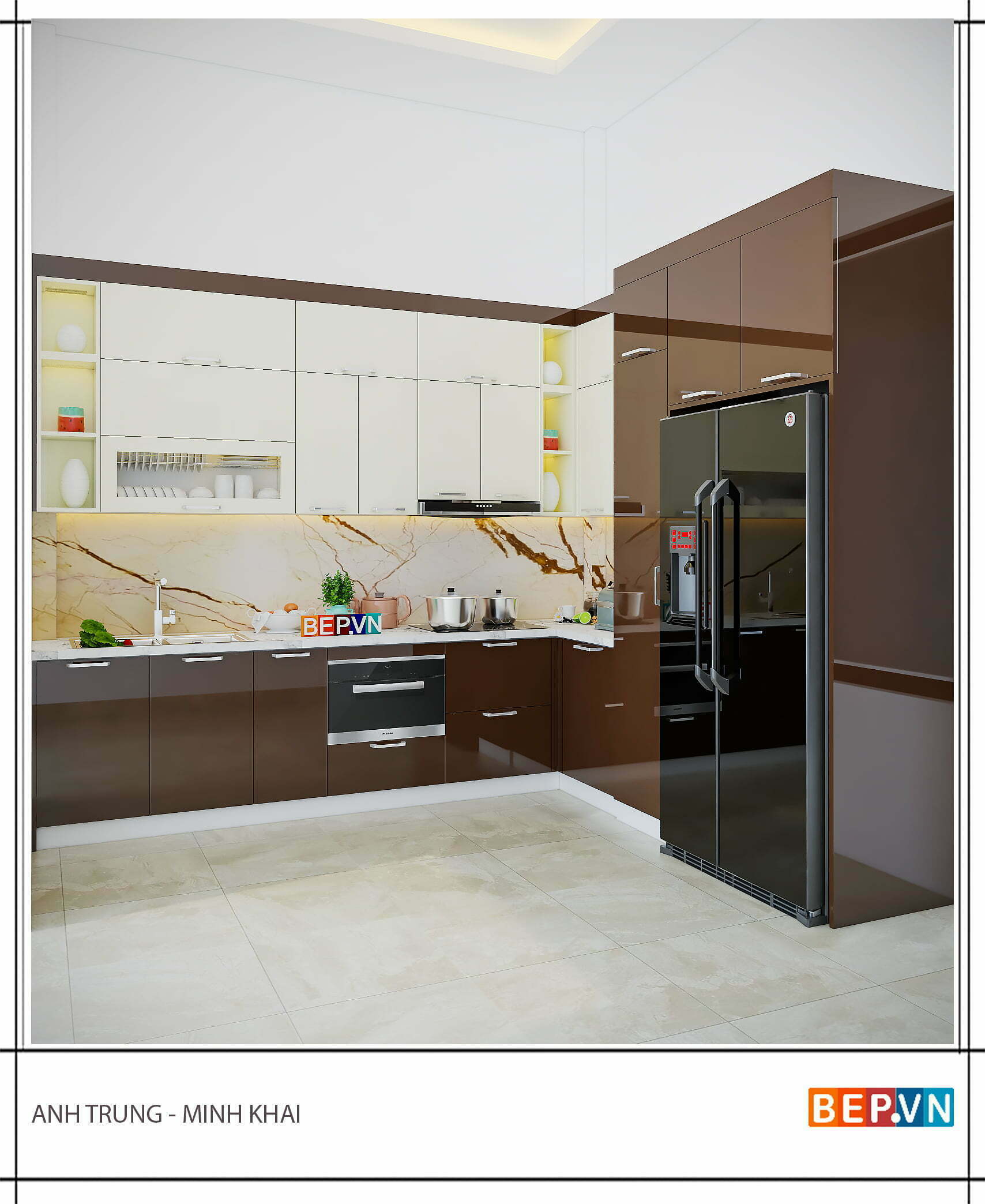 Tủ bếp chữ L Acrylic bóng gương Bep.vn 60 | Bep.vn
