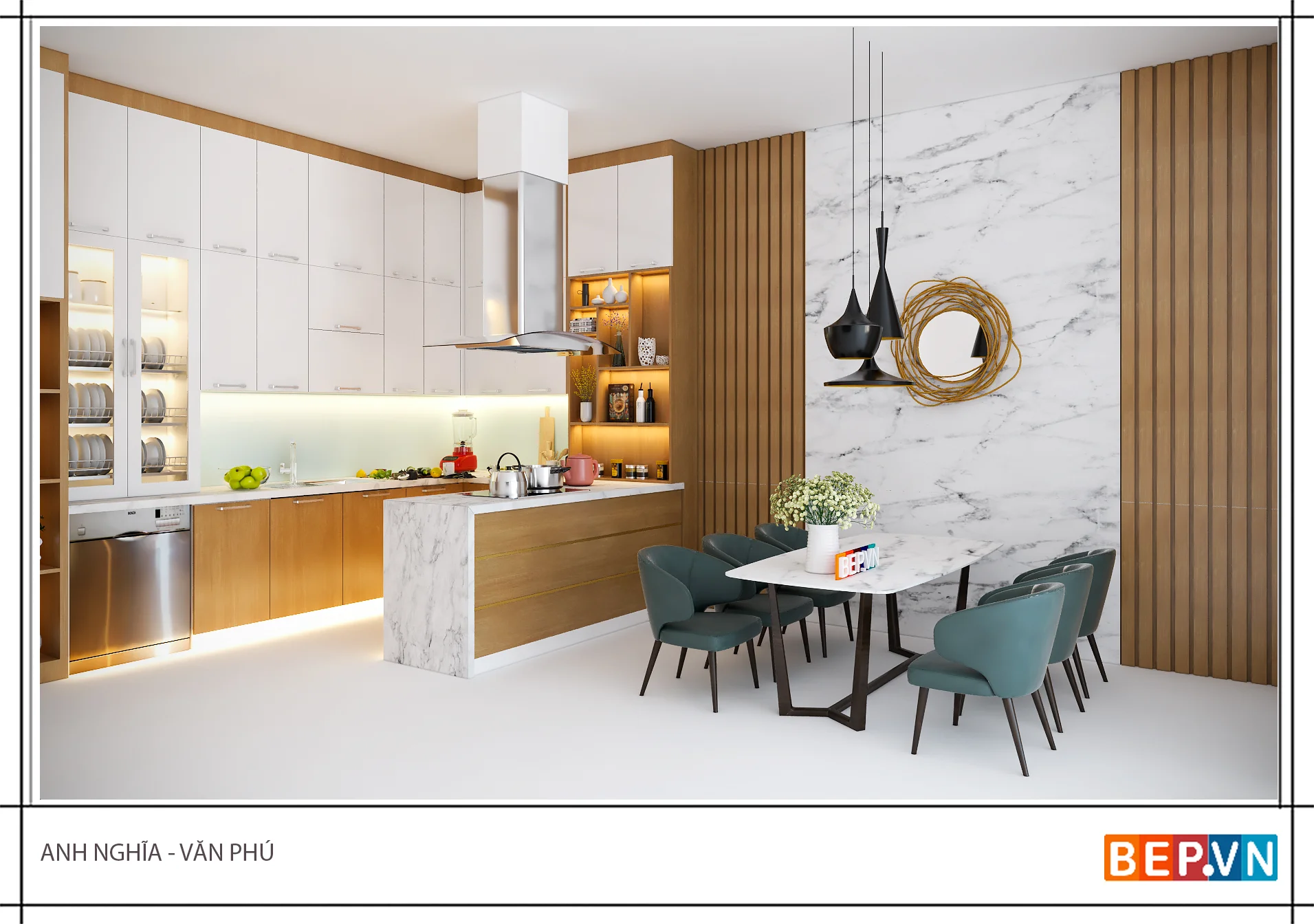 Mẫu #220: Tủ bếp chữ U Acrylic kết hợp Laminate