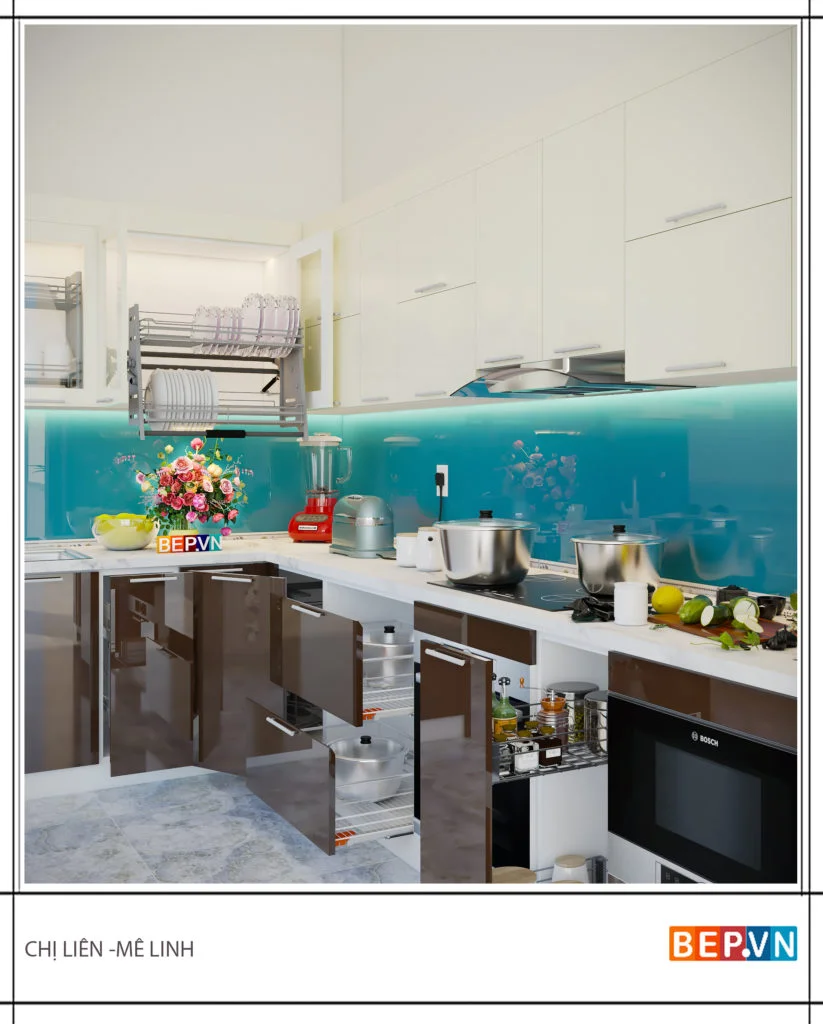 Tủ bếp chữ L Acrylic bóng gương hợp mệnh Mộc