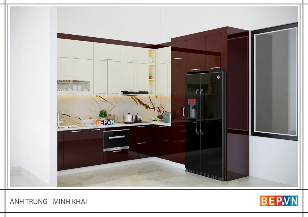 Tủ bếp chữ L Acrylic bóng gương gia đình anh Trung - Minh Khai, mẫu 2