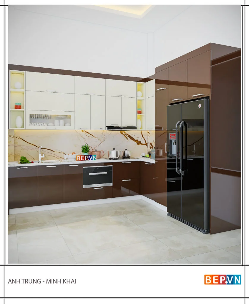 Tủ bếp chữ L Acrylic bóng gương gia đình anh Trung - Minh Khai, mẫu 1