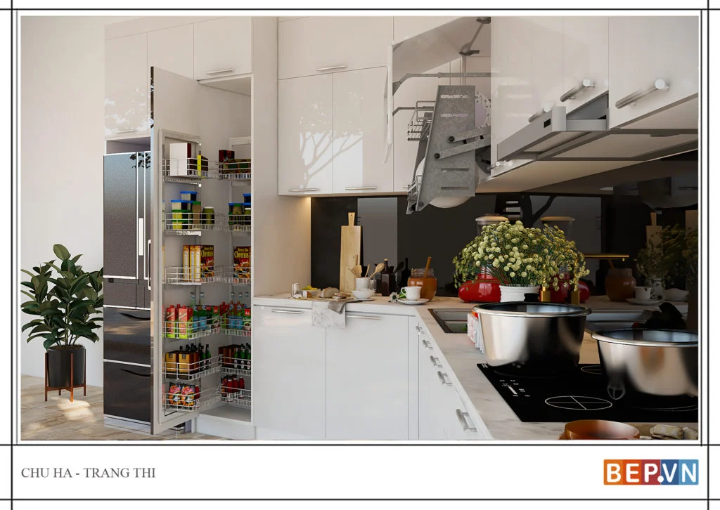 Tủ bếp chữ L Acrylic bóng gương hợp mệnh Thủy - mẫu 2