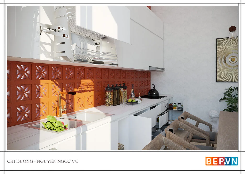 Tủ bếp chữ I Acrylic bóng gương kết hợp gạch ốp sang trọng
