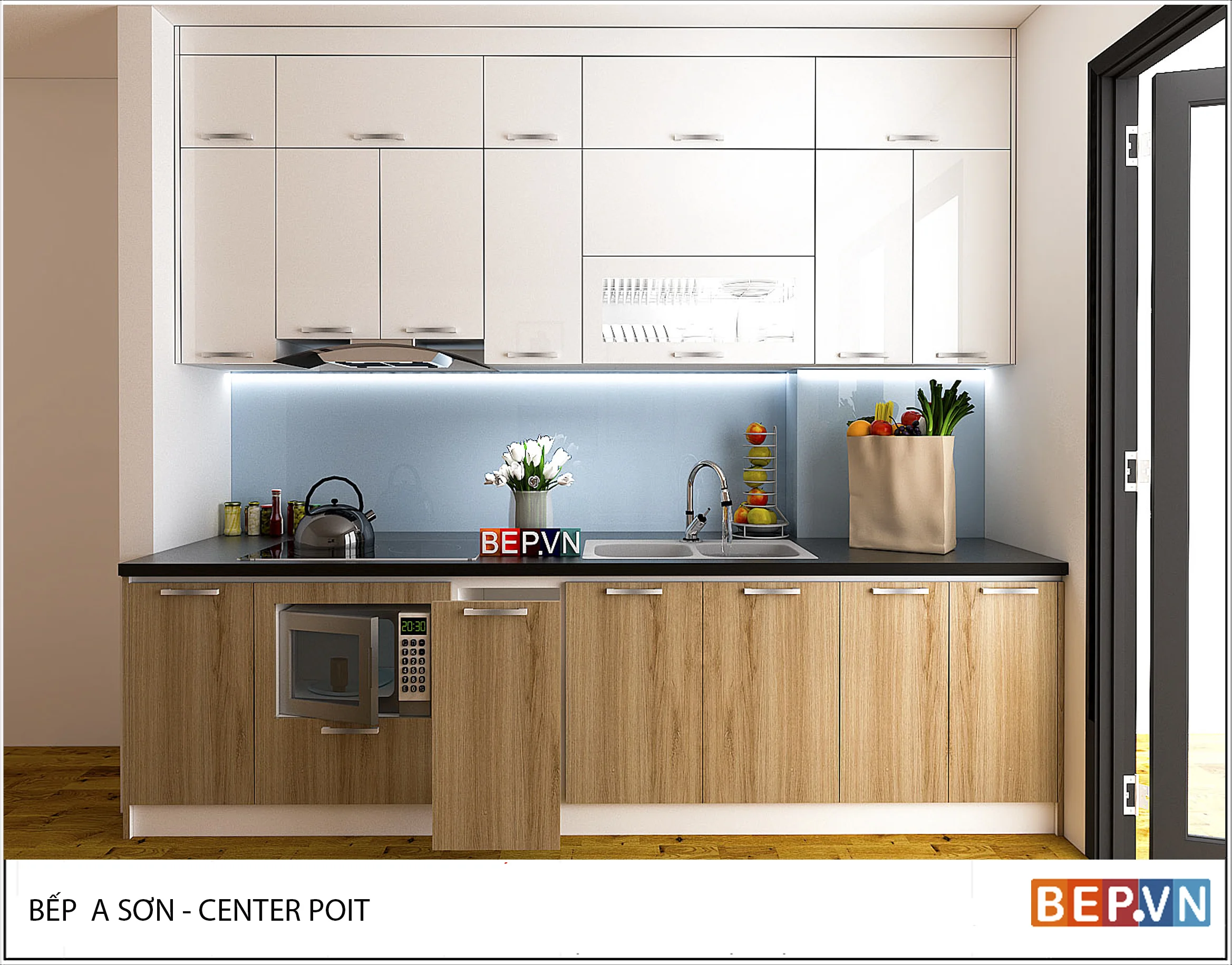Mẫu #221: Tủ bếp chữ I Acrylic kết hợp Laminate