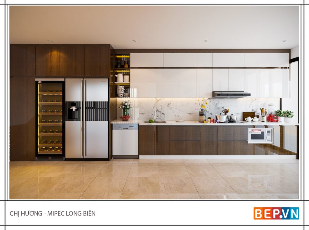 So sánh tủ bếp Acrylic và tủ bếp Laminate | Bep.vn tu bep chu i ket hop hai hoa giua hai chat lieu acrylic va laminate