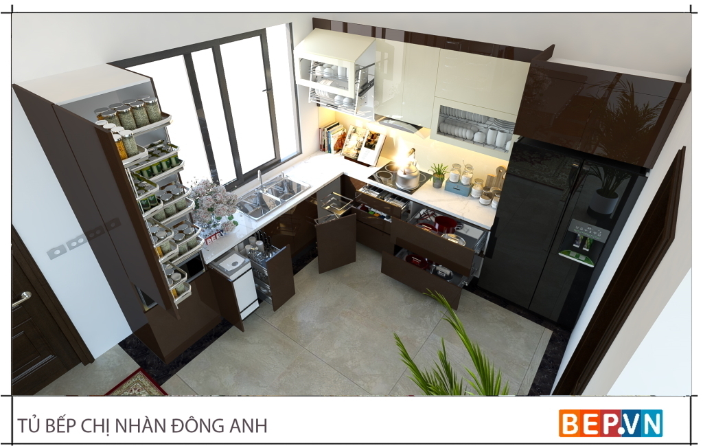 Tủ kho 4 tầng đựng đồ khô linh hoạt, các phụ kiện tủ bếp hiện đại khác là điểm nhấn nổi bật của căn bếp