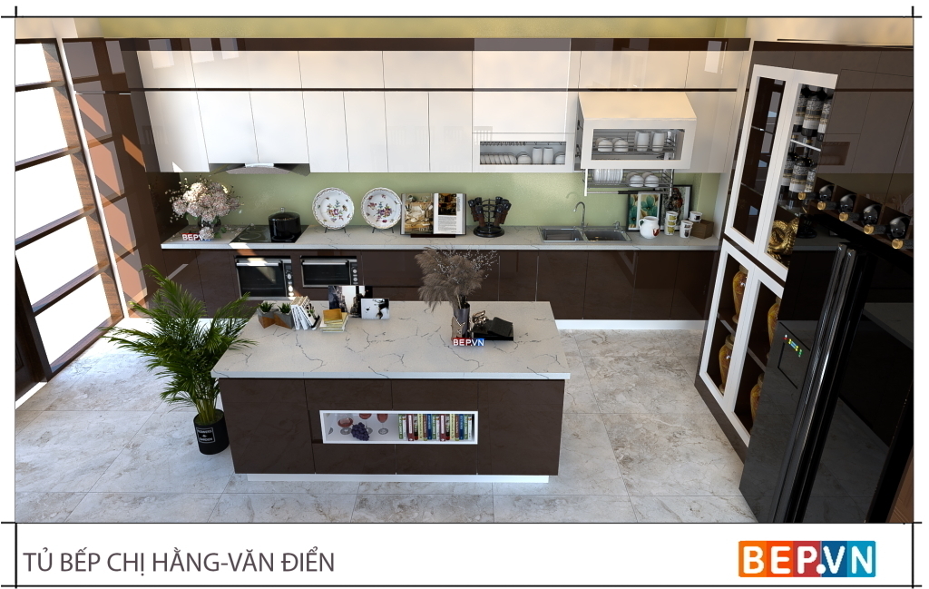 Thiết kế tủ bếp acrylic thẳng có bàn đảo với tông màu cà phê và trắng, giúp không gian trở nên sang trọng và thoáng đãng.