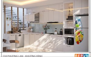 Mẫu tủ bếp Acrylic trắng gia đình chị Phương Lan - Khương Đình