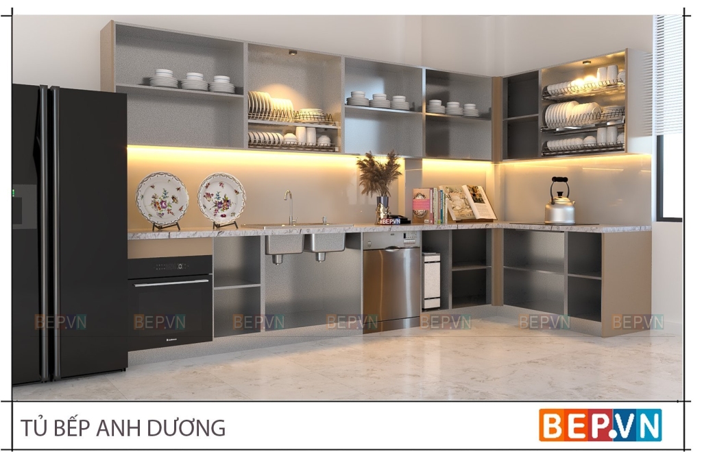 thiết kế tủ bếp inox cho cả hệ tủ bếp trên và tủ bếp dưới