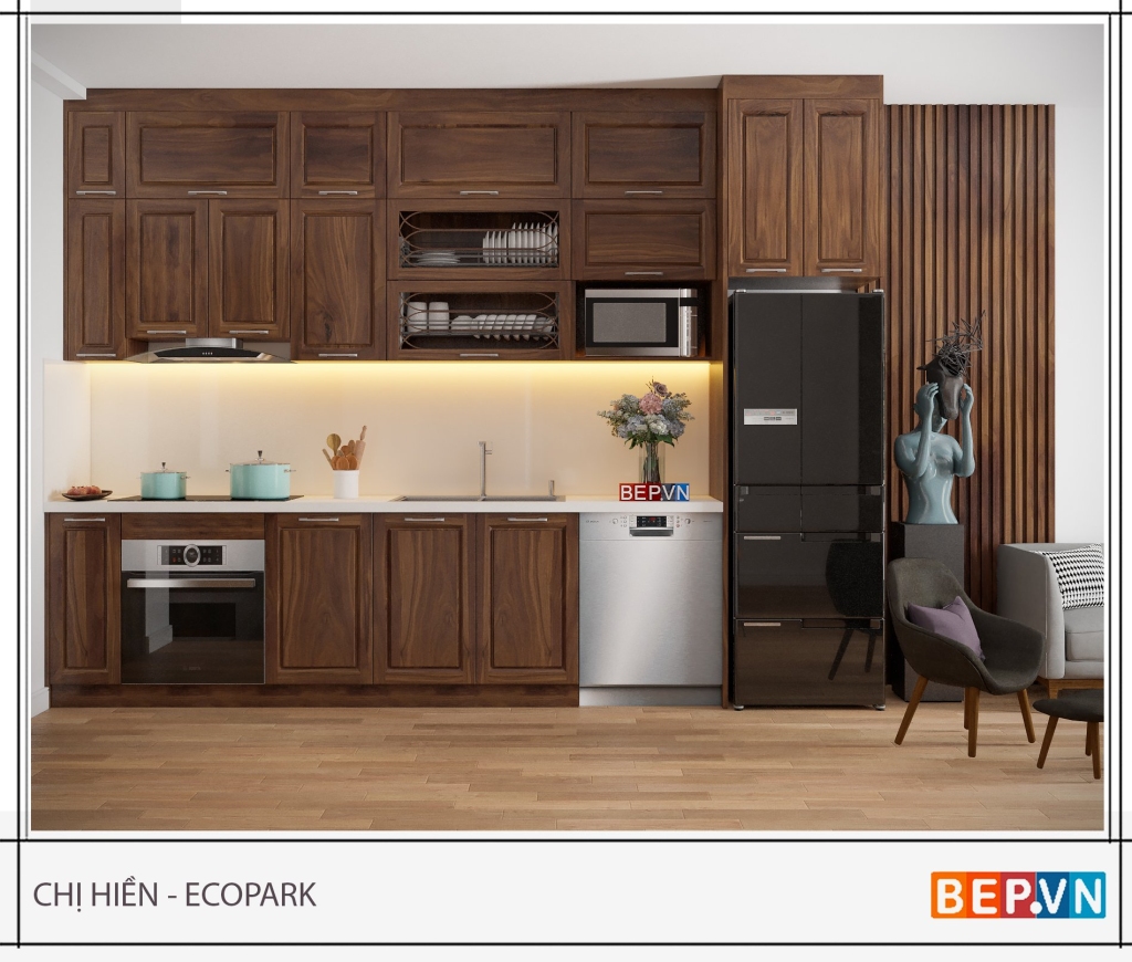 Thiết kế tủ bếp gỗ sồi Nga phun sơn 2K của gia đình chị Hiền - Ecopark