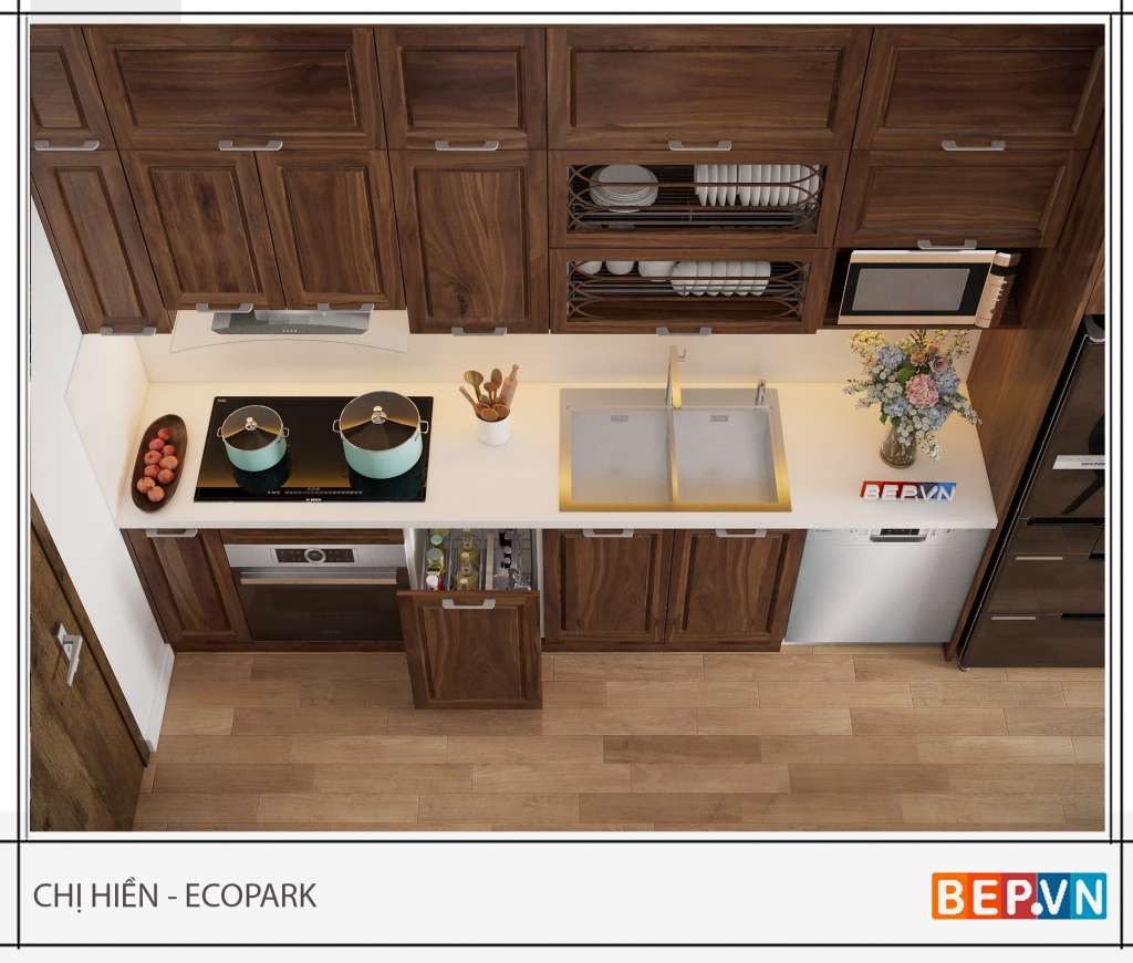 Thiết kế tủ bếp gỗ sồi Nga phun sơn 2K