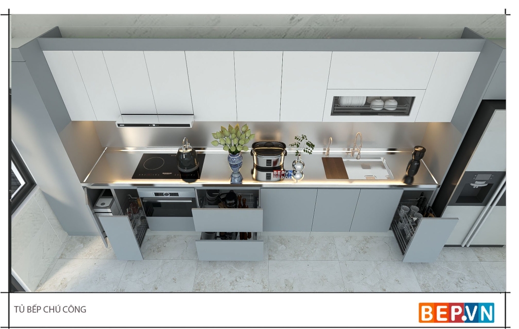 Mặt bàn bếp Inox 304 nhập khẩu cho tủ bếp thẳng dài 3,7m.