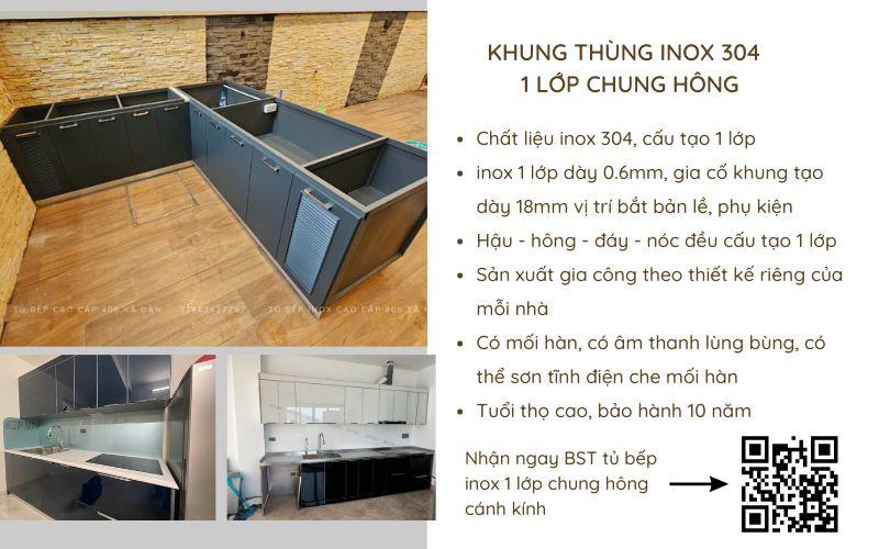 Thùng tủ bếp inox 1 lớp chung hông cánh kính