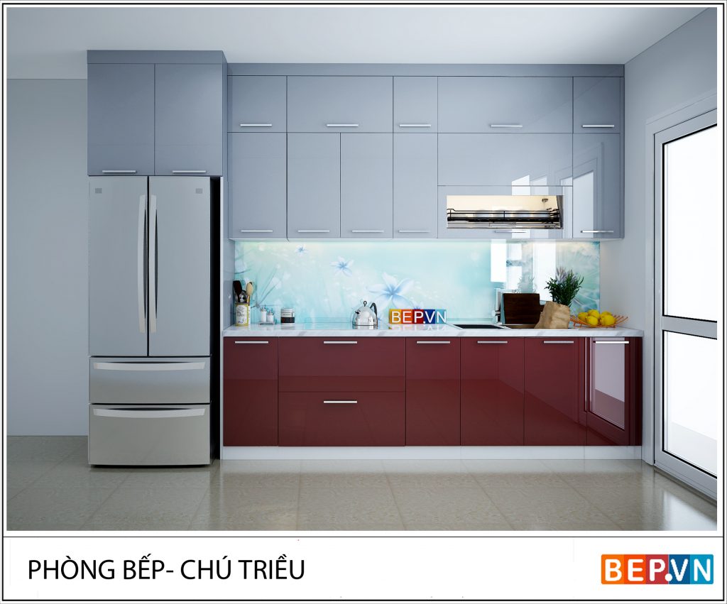Tủ bếp chữ I trắng – đỏ