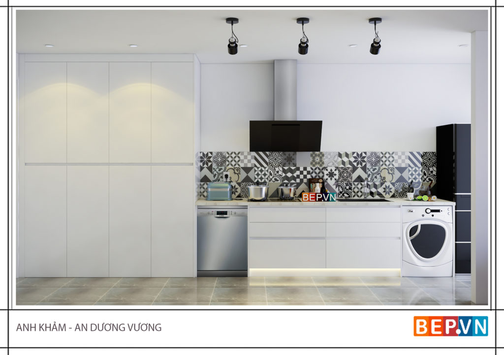 Gạch ốp tường bếp tạo điểm nhấn cho tủ bếp đơn sắc