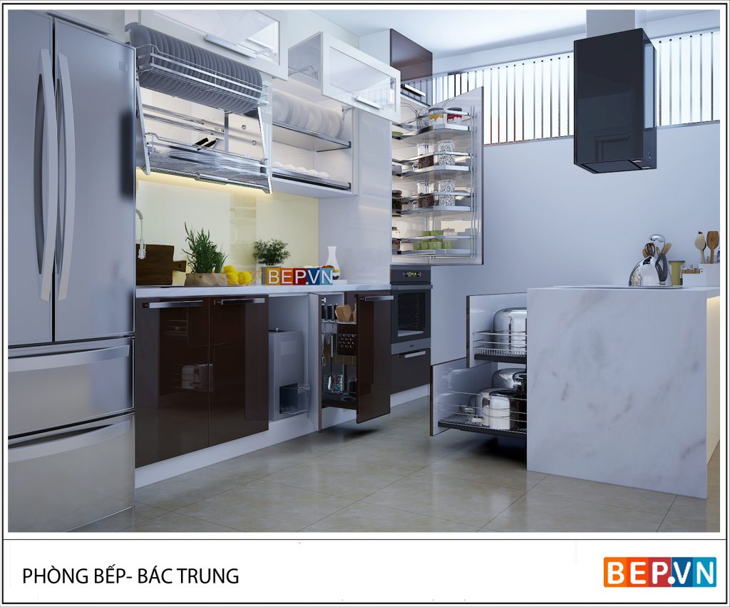 Nhà bếp sử dụng kệ áp tường