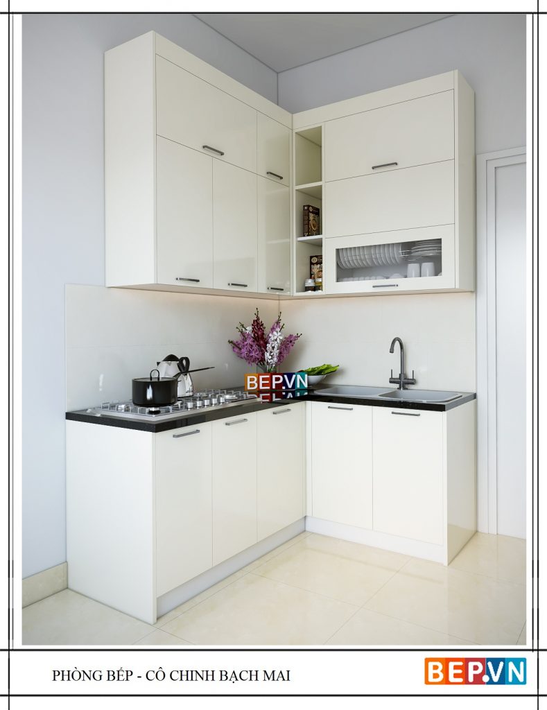 Thiết kế tủ bếp Acrylic màu trắng gia đình cô Chinh.