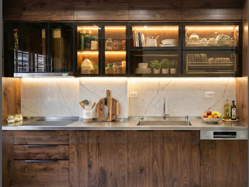 TỦ BẾP INOX CÁNH GỖ ÓC CHÓ
