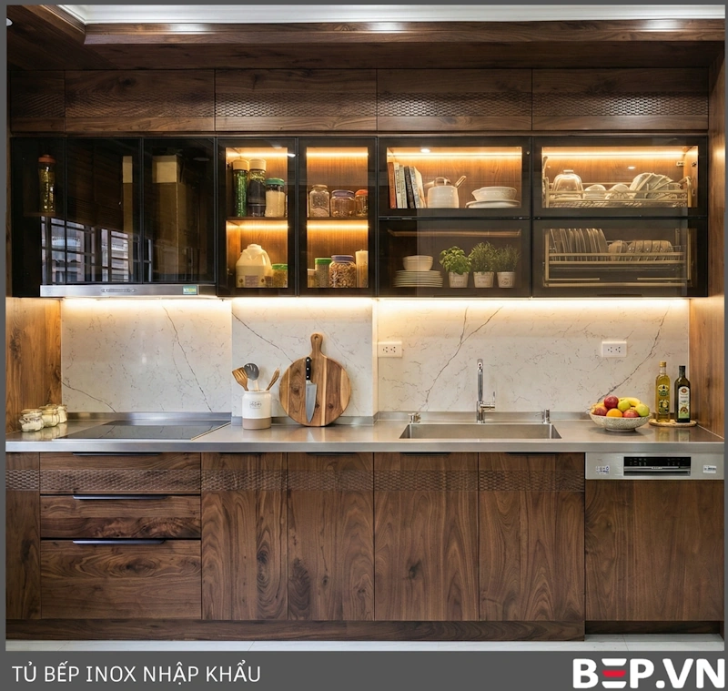 TỦ BẾP INOX CÁNH GỖ ÓC CHÓ