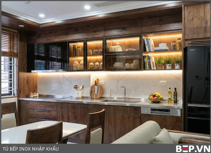 TỦ BẾP INOX CÁNH GỖ ÓC CHÓ