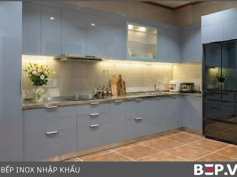 Tủ bếp inox cánh kính chữ L nhà anh Nhân - Hà Tĩnh