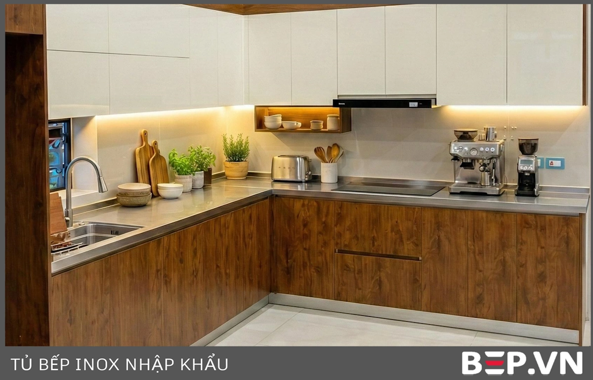 Tủ bếp Inox cánh kính nhập khẩu - mẫu 8