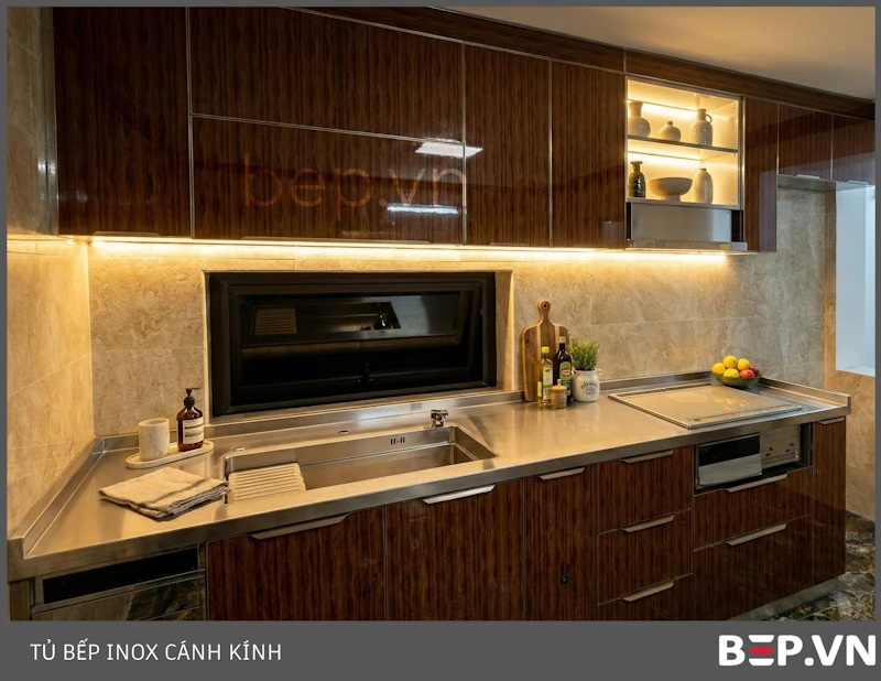 Tủ bếp inox vân gỗ