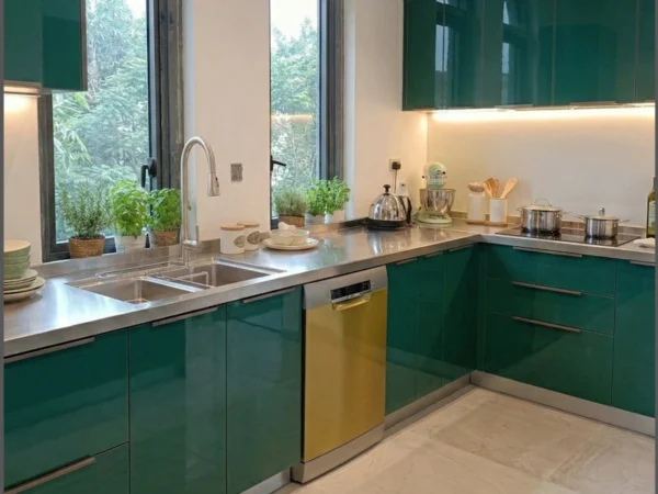 Tủ bếp inox cánh kính kiểu chữ L