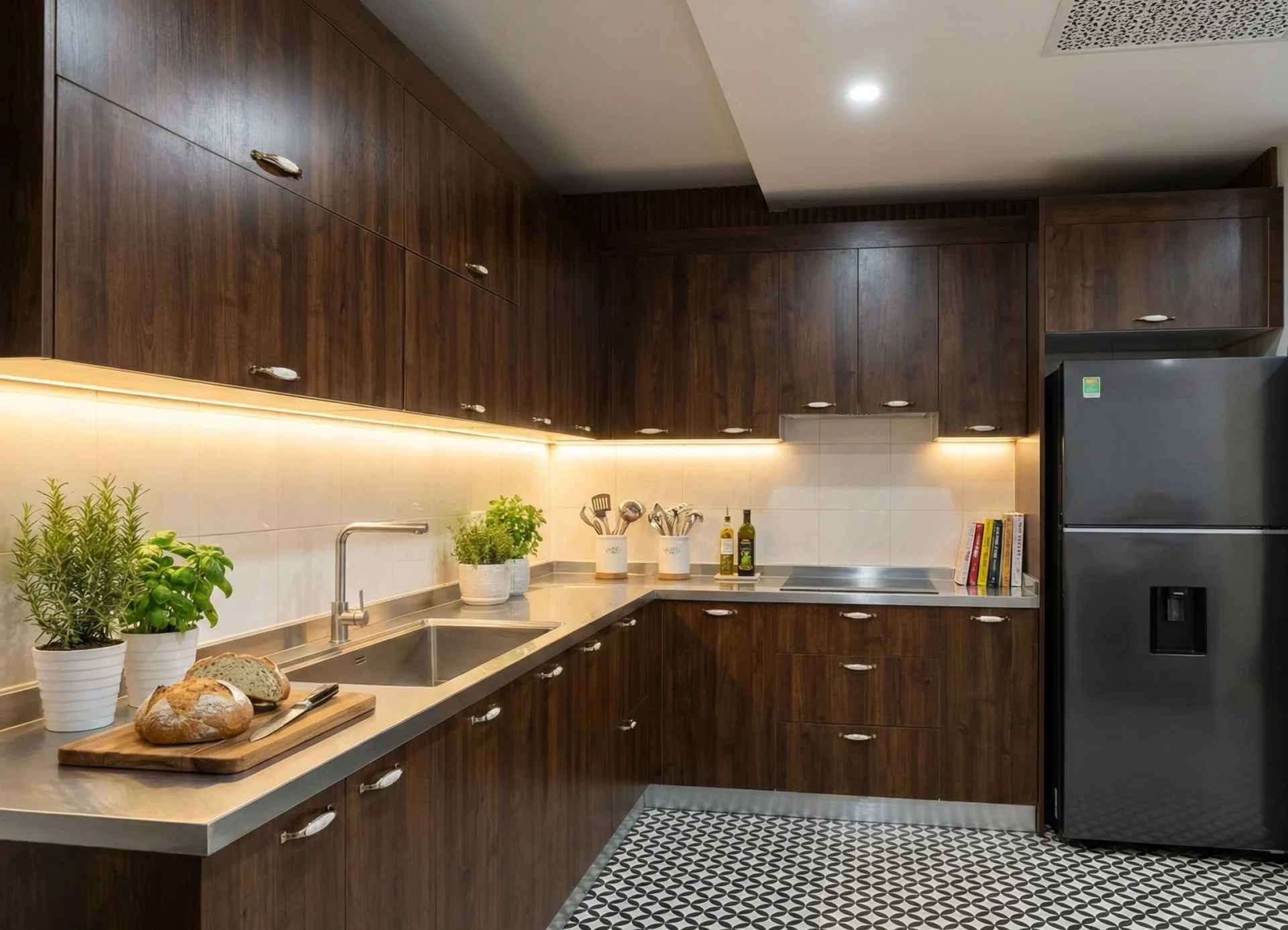 lựa chọn tủ bếp inox bền đẹp với màu vân gỗ sang trọng