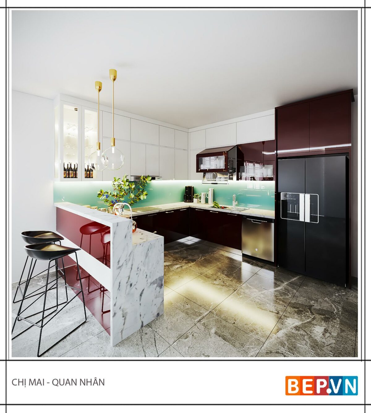 Tủ bếp Acrylic chữ U gia đình chị Mai