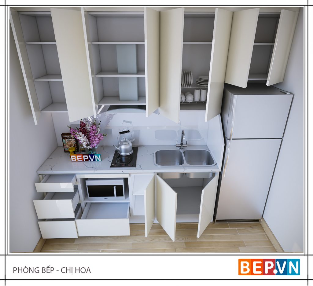 Thiết kế tủ bếp Acrylic thẳng màu trắng hiện đại và sang trọng gia đình chị Hoa.