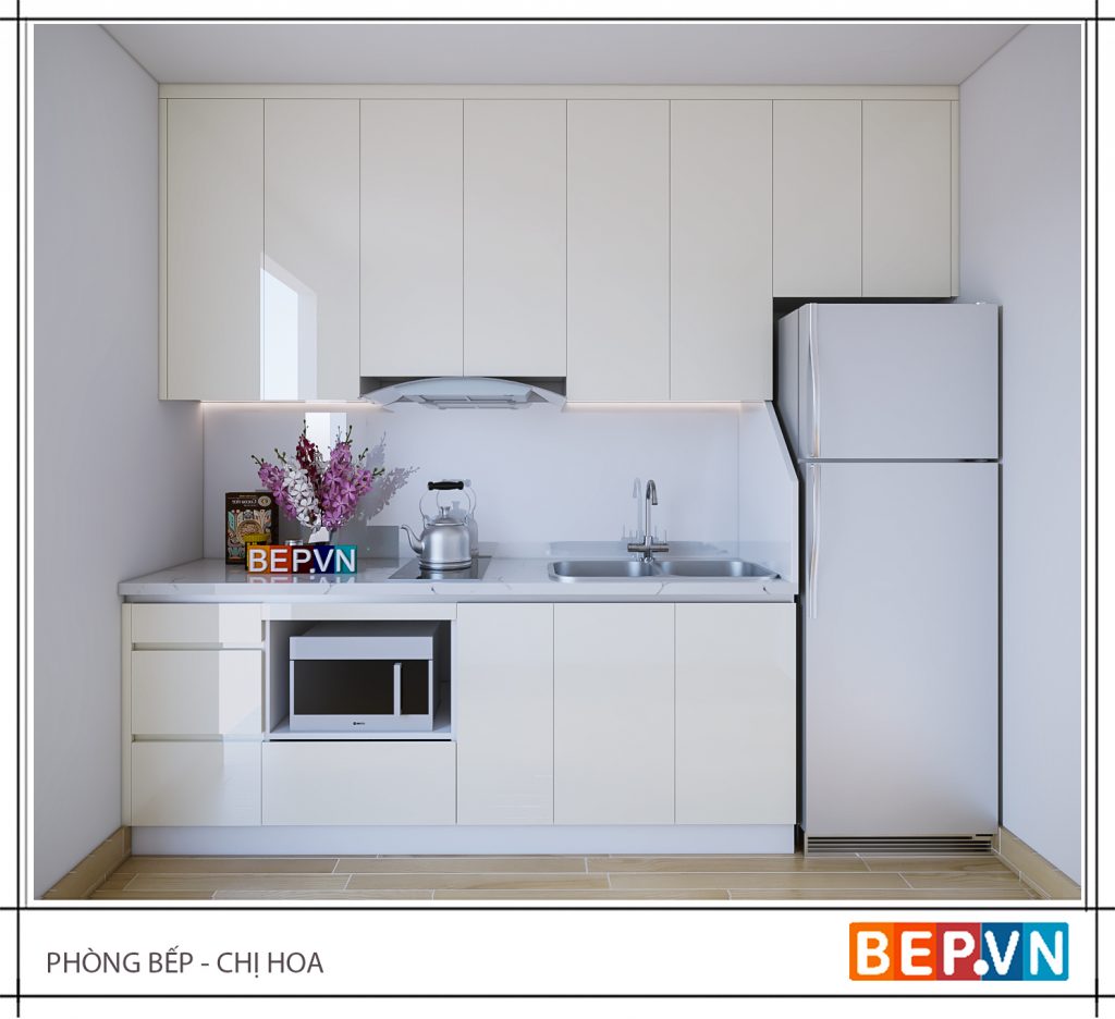 Thiết kế tủ bếp Acrylic thẳng màu trắng hiện đại gia đình chị Hoa.