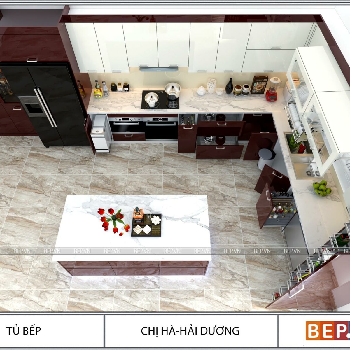 Thiết kế tủ bếp hiện đại kết hợp bàn đảo gia đình chị Hà - Hải Dương