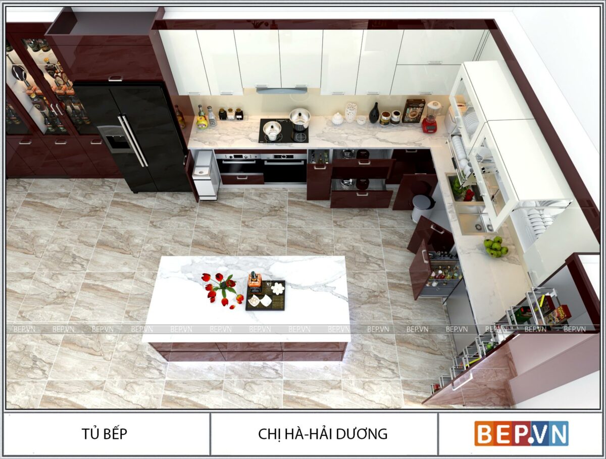 Thiết kế tủ bếp hiện đại kết hợp bàn đảo gia đình chị Hà - Hải Dương