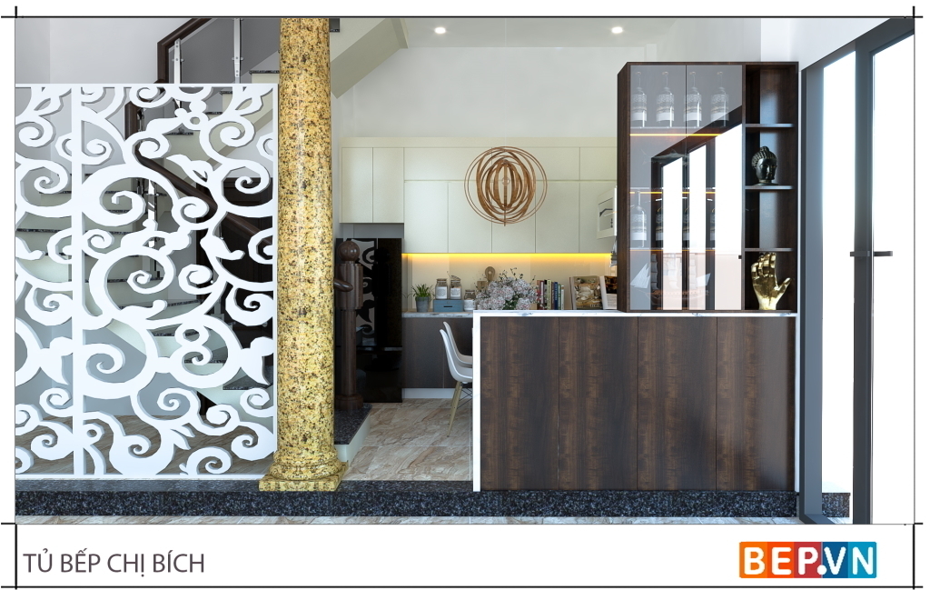 Thiết kế tủ bếp chữ L có bàn đảo gắn liền tủ rượu , gia đình chị Bích - Hoàng Hoa Thám