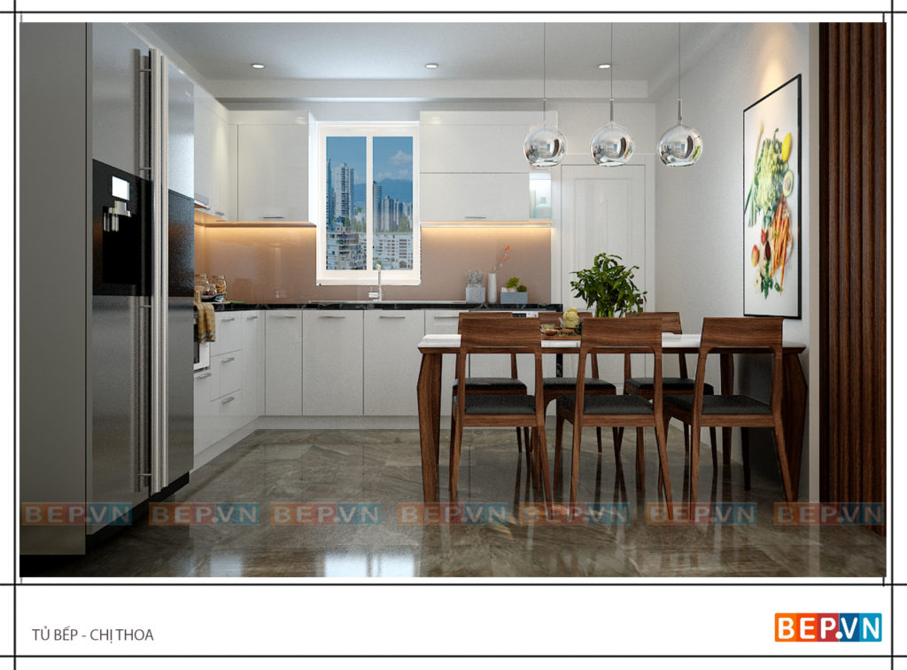 Lựa chọn chất liệu Acrylic bóng gương cho phòng bếp chị Thoa