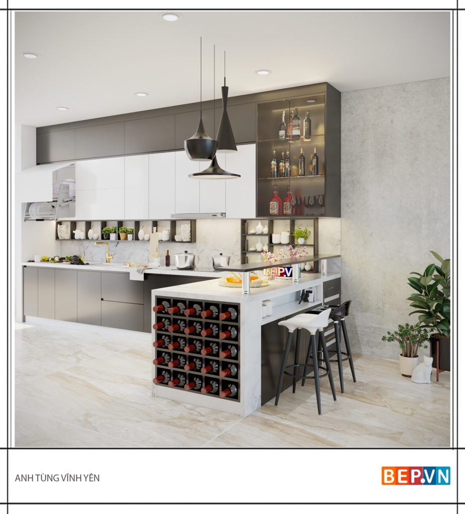 Tủ bếp có thêm đảo bếp hiện đại, sang trọng khi thiết kế cả quầy rượu trang trí