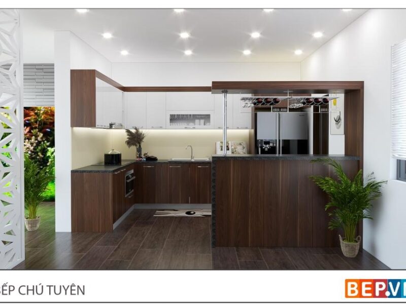 Tủ bếp chữ L có quầy bar gia đình chú Tuyên - Thái Bình