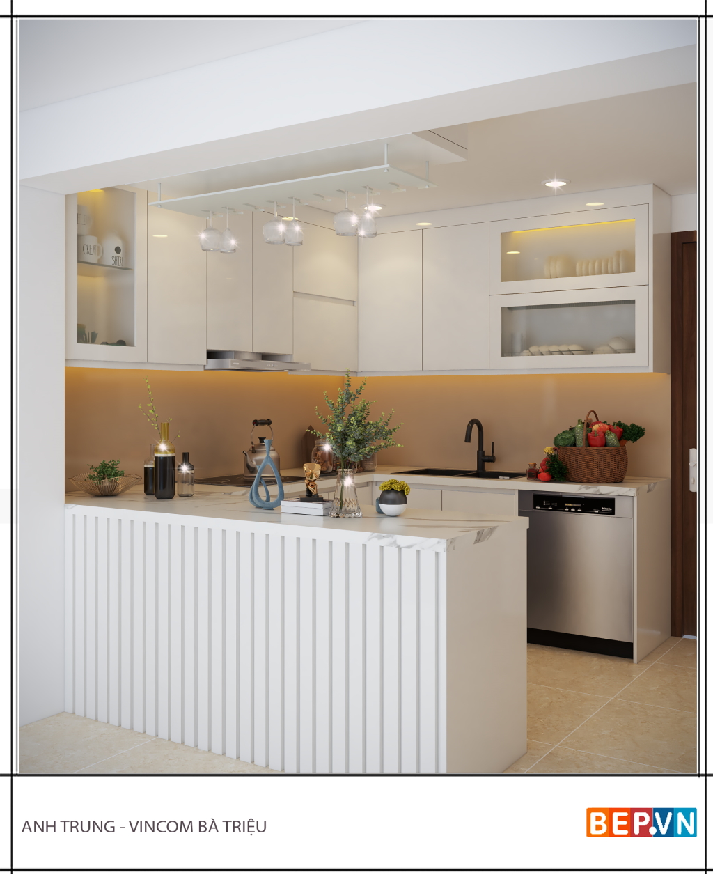 Thiết kế tủ bếp chữ U kết hợp quầy bar gia đình anh Trung - Bà Triệu
