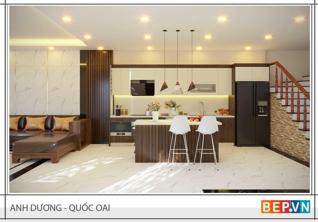 Thiết kế tủ bếp thẳng có bàn đảo di động anh Dương - Quốc Oai