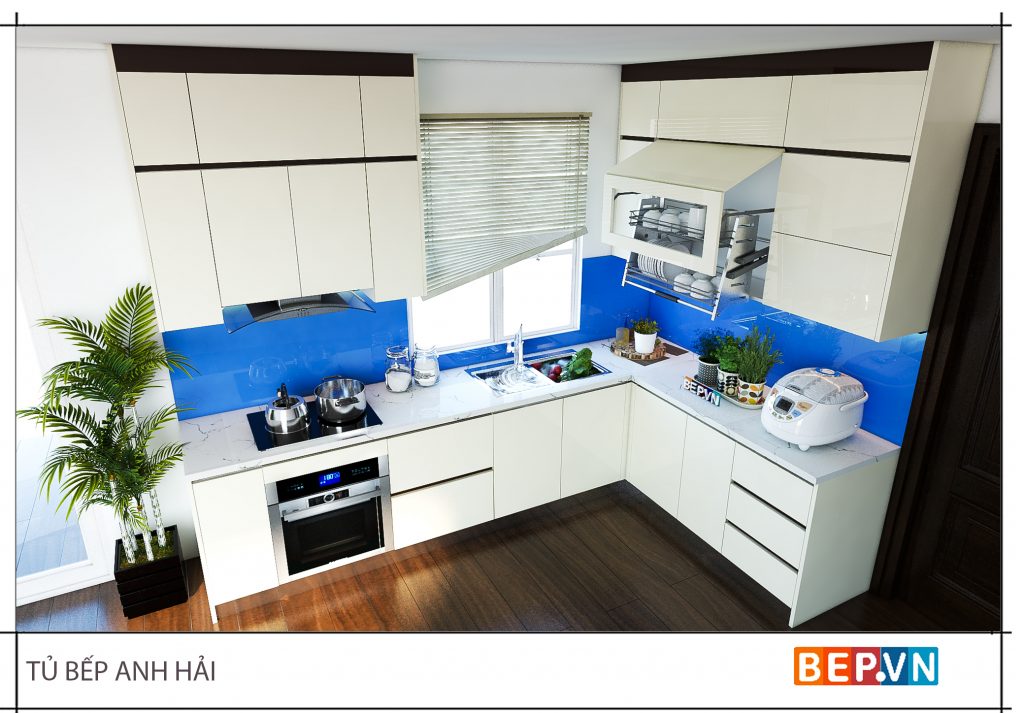 Thiết kế tủ bếp chữ L hiện đại gai đình anh Hải