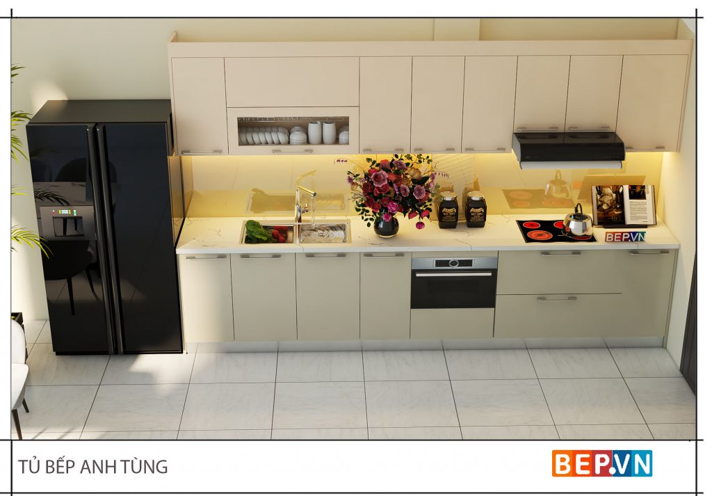 Thiết kế tủ bếp thẳng đẹp hiện đại gia đình anh Tùng