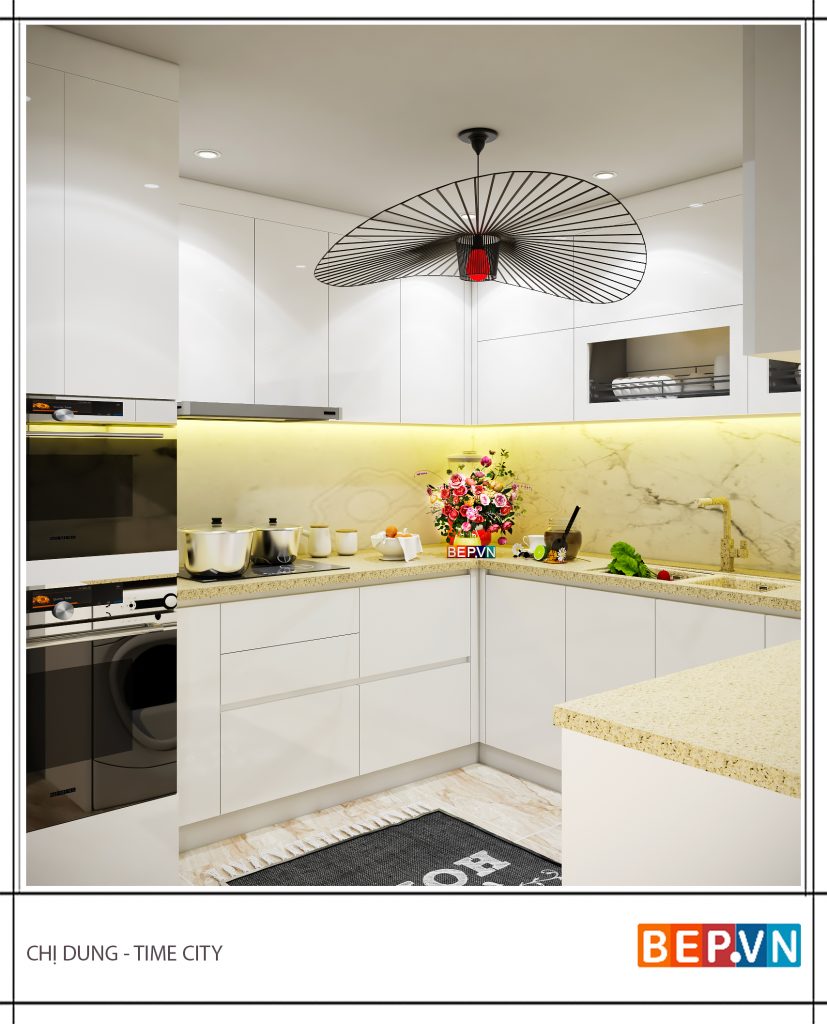 Thiết kế tủ bếp chữ U hiện đại nhà chị Dung