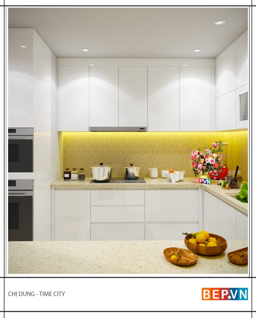 Thiết kế tủ bếp chữ U hiện đại gia đình chị Dung