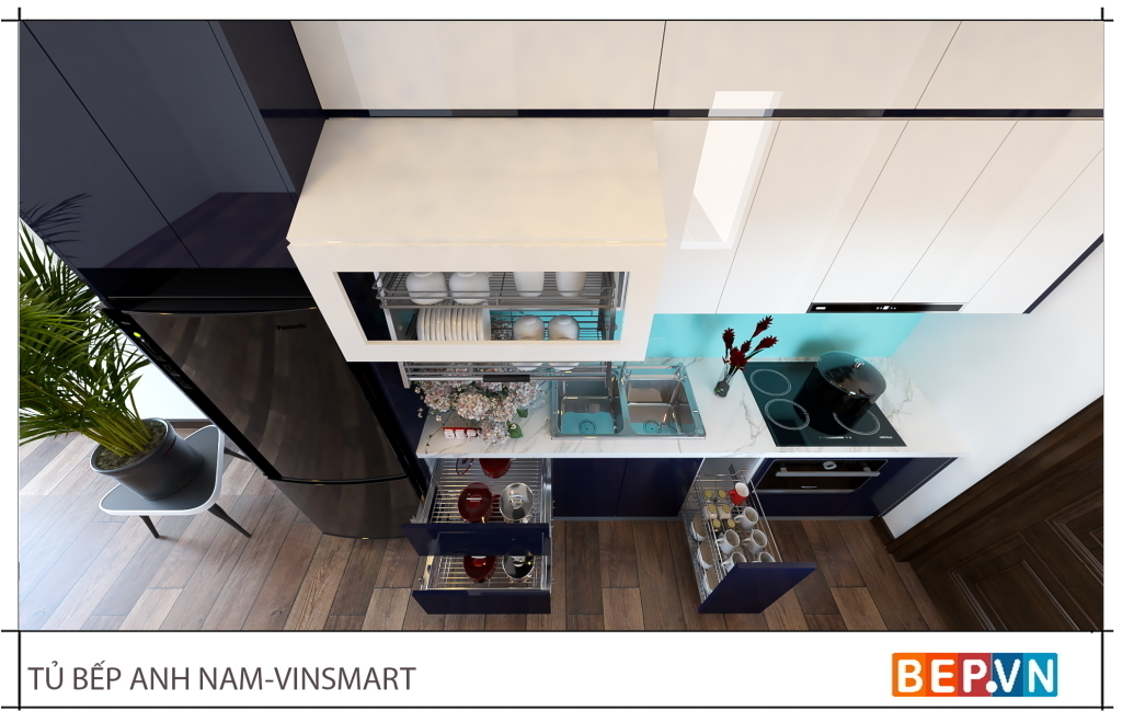 Tủ bếp dài 3m nhưng được tích hợp các thiết bị và phụ kiện nhà bếp một cách hợp lý, thẩm mỹ nhất.