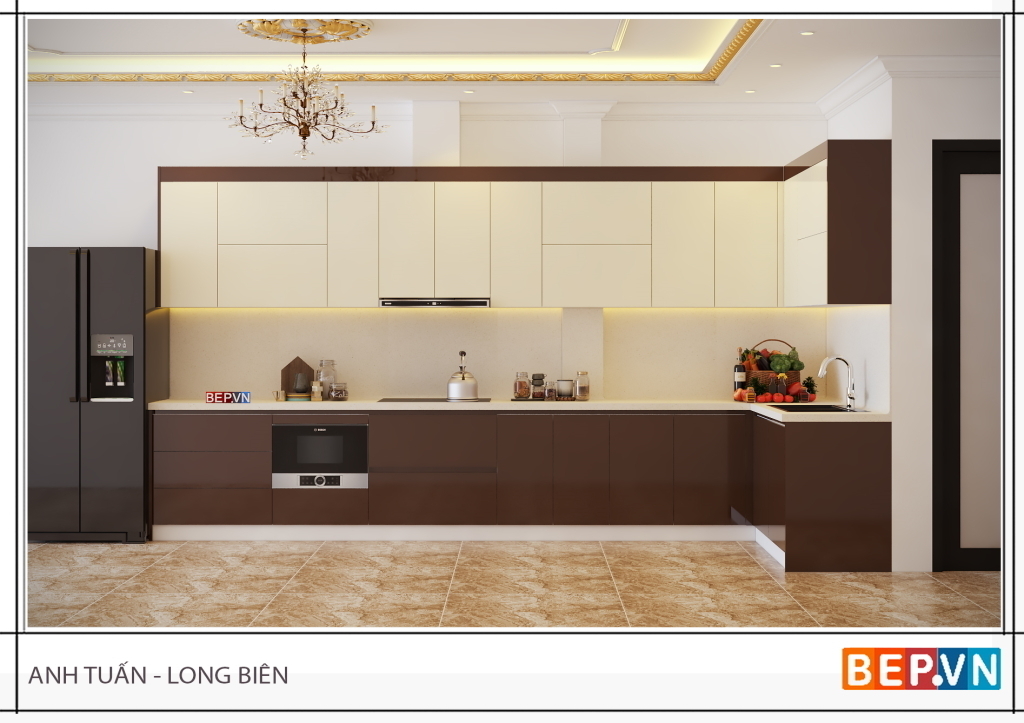 Tủ bếp Acryli chữ L với các thiết bị và phụ kiện hiện đại nhất