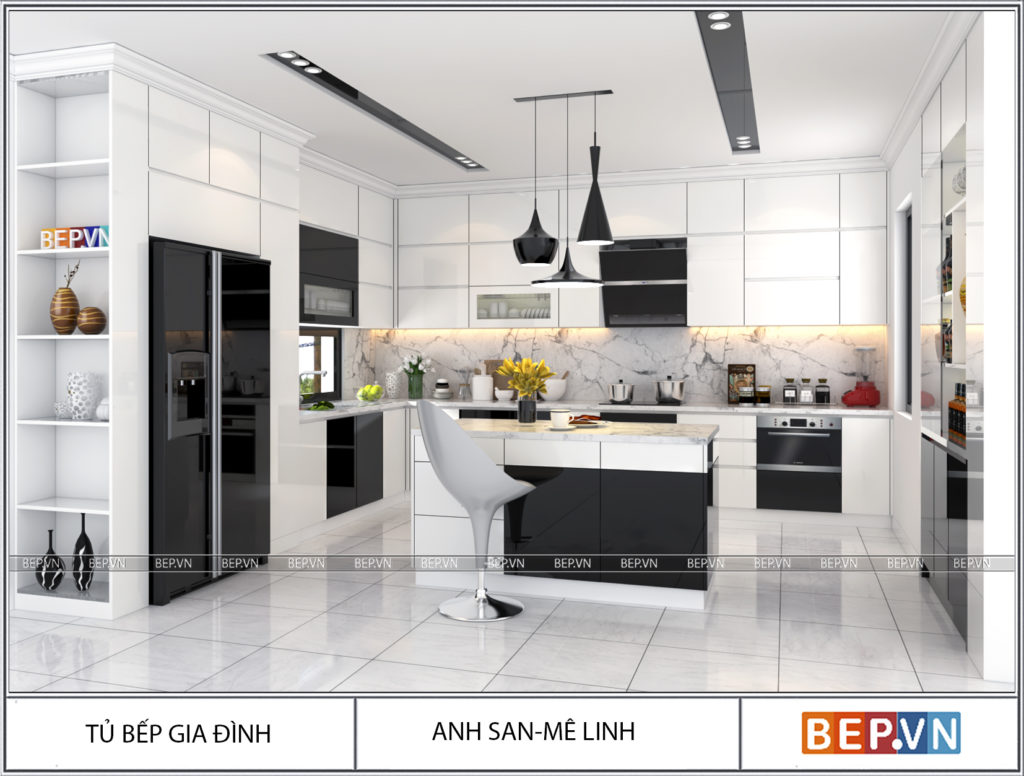 lua chon gam mau trang den tinh te cho phong bep sang trong
